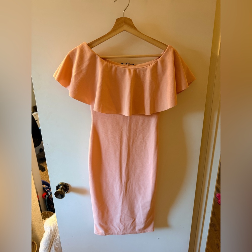 Nasty Gal Peach Ruffle Off-Shoulder Midi Dress
